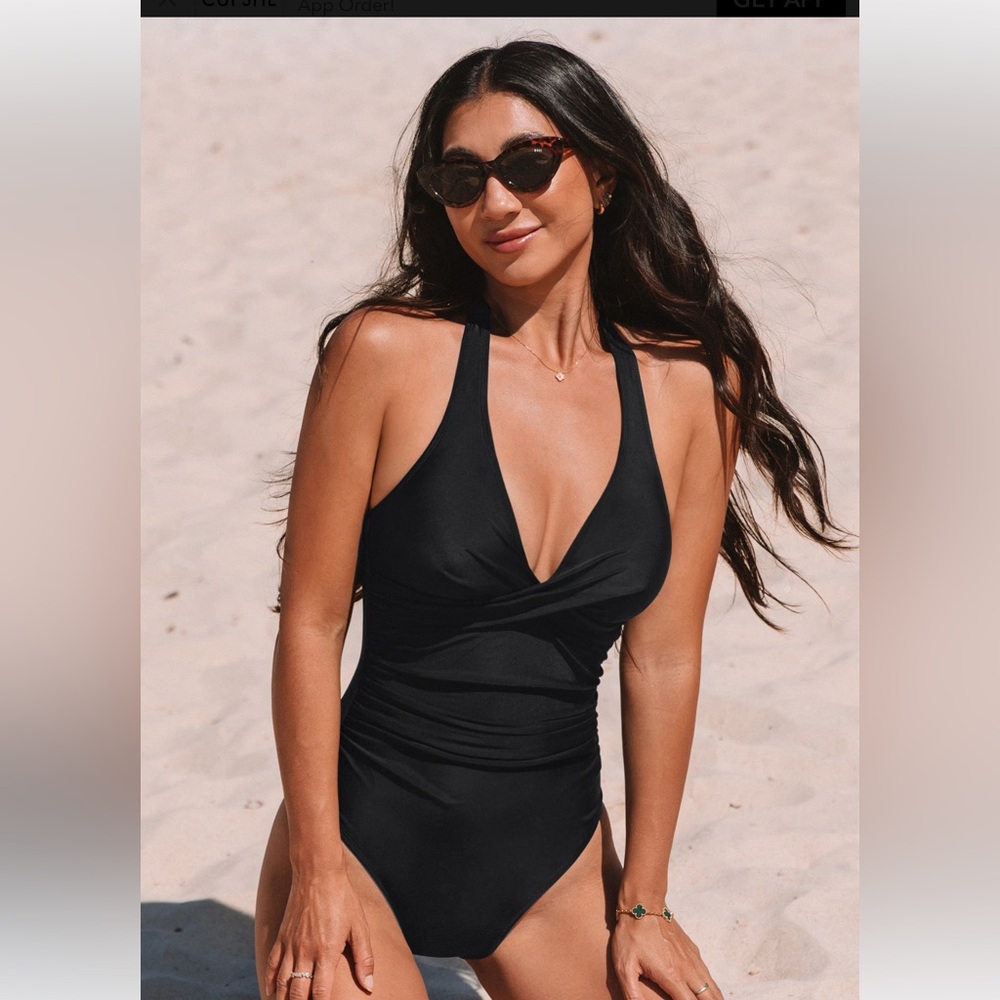 Black Plunging Halterneck Tummy Control One-Piece